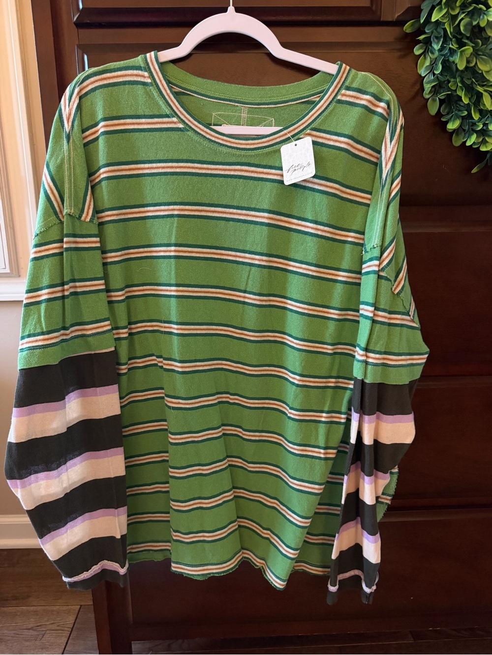 We The Free Green Striped Knit Top with Multicolor Sleeve Accents